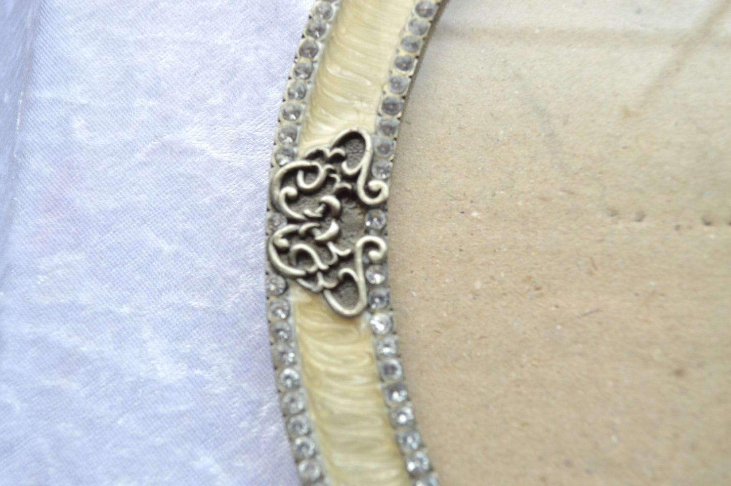 Victorian Style Vintage Silver & Cream Enamel Ornate Picture Frame with Rhinestone Accents.