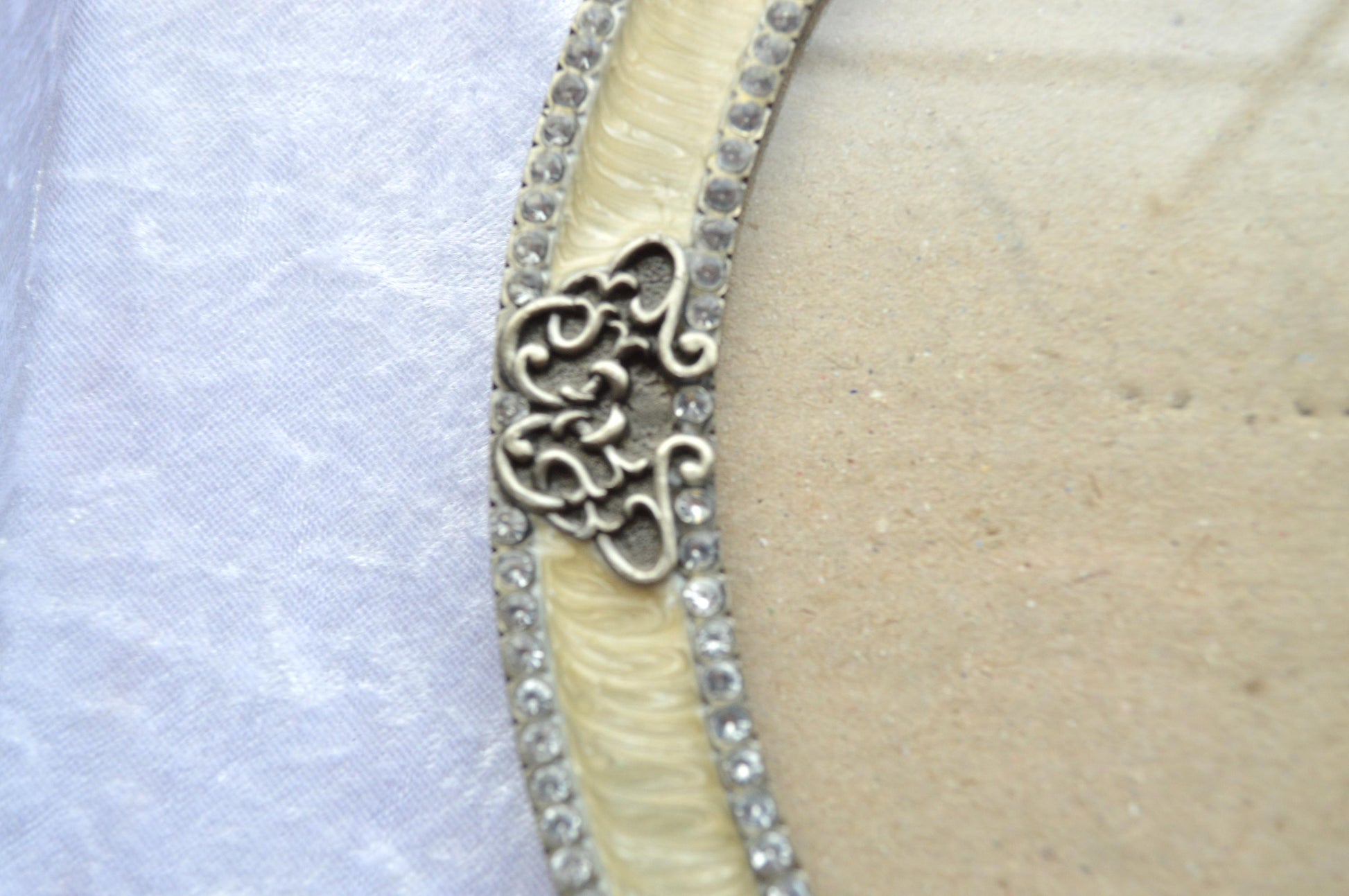 Victorian Style Vintage Silver & Cream Enamel Ornate Picture Frame with Rhinestone Accents.