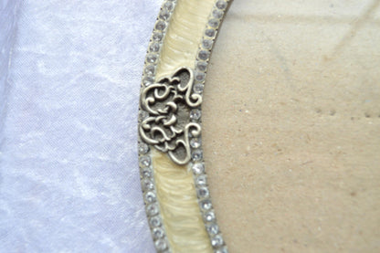 Victorian Style Vintage Silver & Cream Enamel Ornate Picture Frame with Rhinestone Accents.