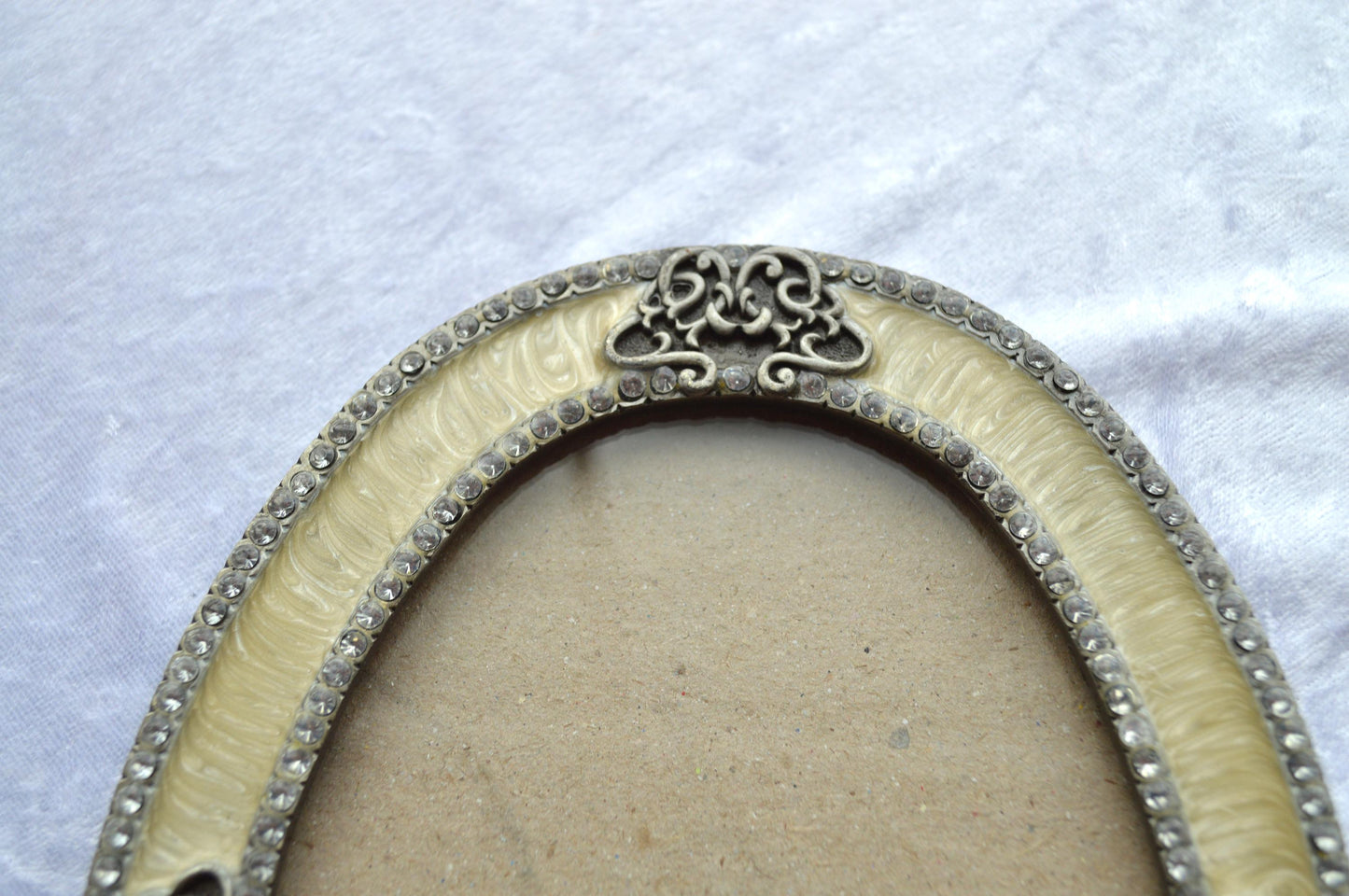 Victorian Style Vintage Silver & Cream Enamel Ornate Picture Frame with Rhinestone Accents.