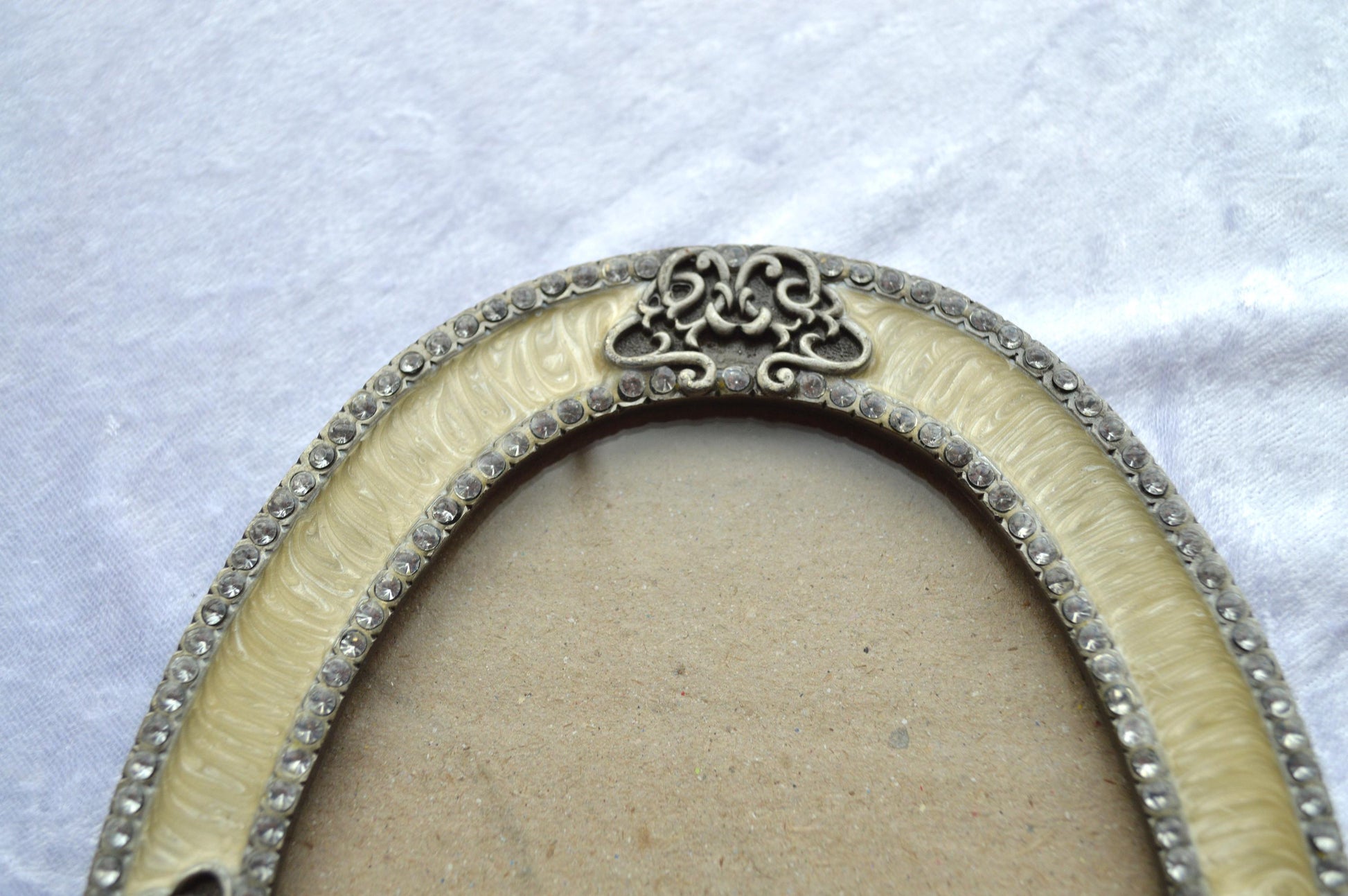 Victorian Style Vintage Silver & Cream Enamel Ornate Picture Frame with Rhinestone Accents.