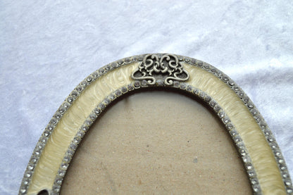Victorian Style Vintage Silver & Cream Enamel Ornate Picture Frame with Rhinestone Accents.