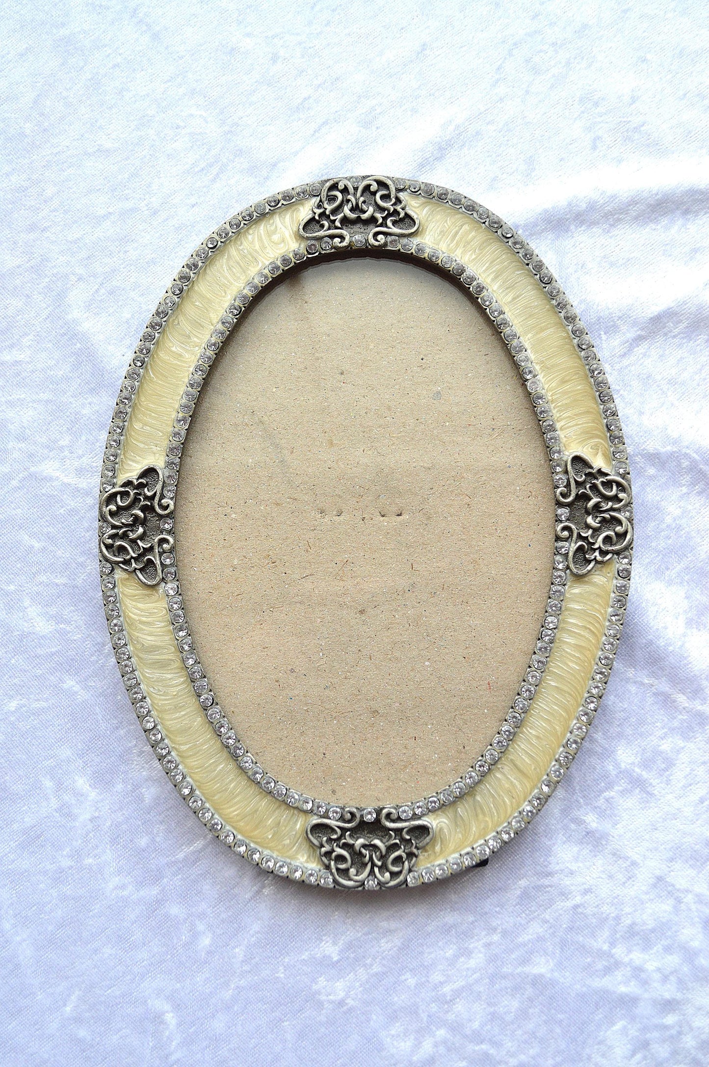 Victorian Style Vintage Silver & Cream Enamel Ornate Picture Frame with Rhinestone Accents.
