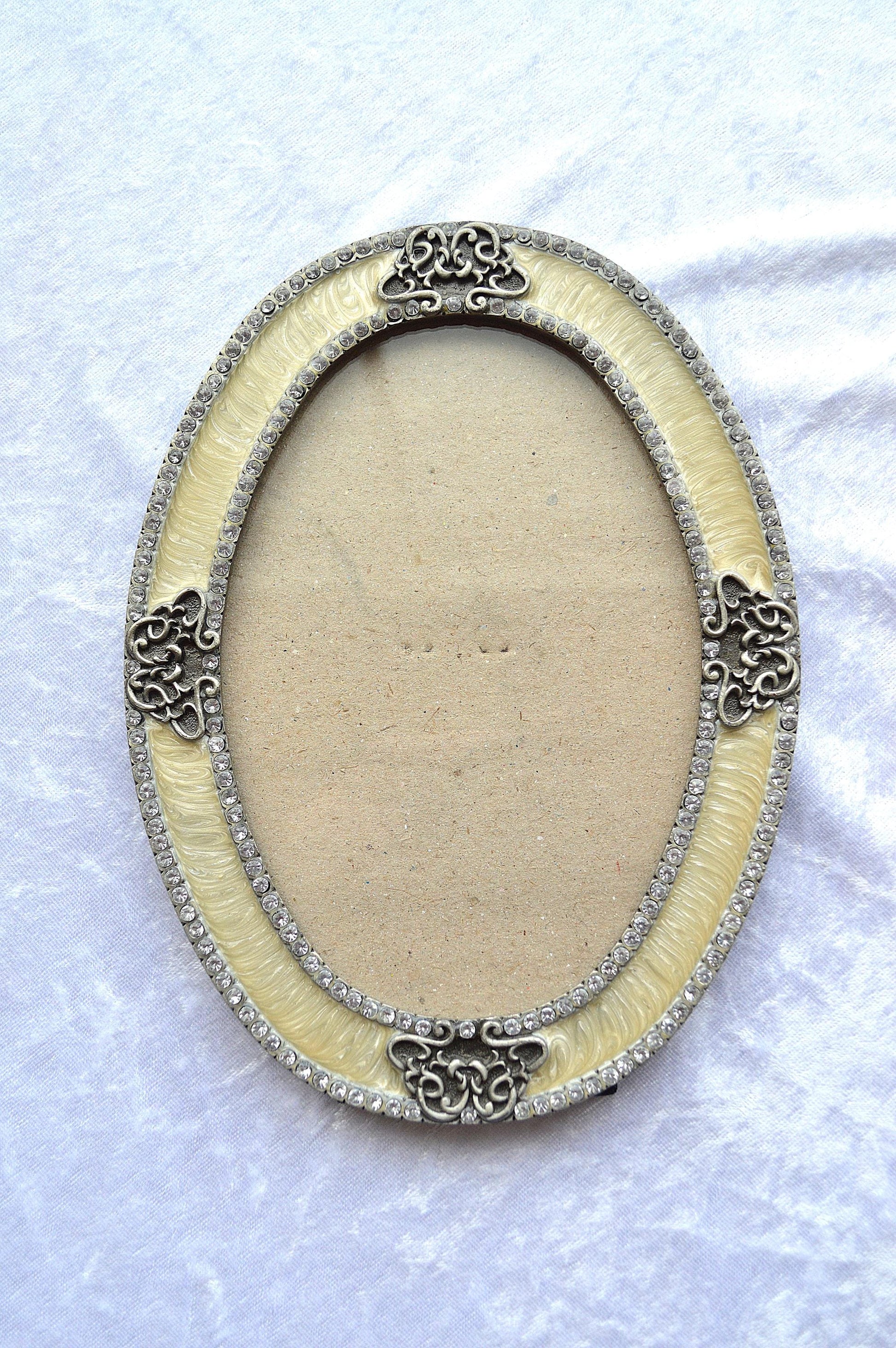 Victorian Style Vintage Silver & Cream Enamel Ornate Picture Frame with Rhinestone Accents.