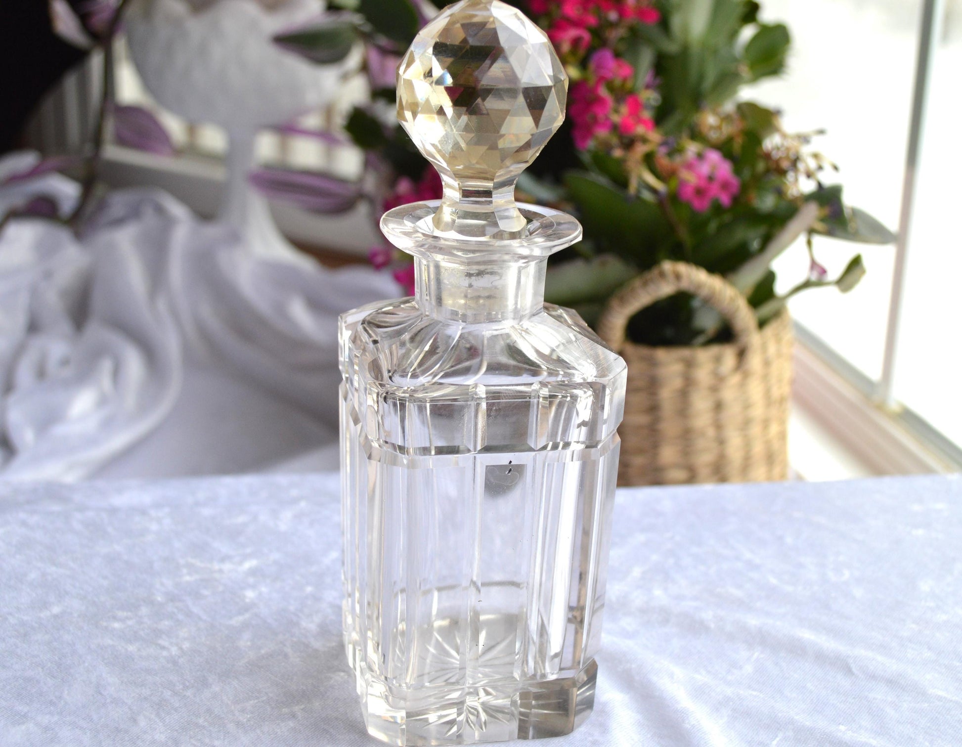 Antique Faceted Glass Decanter 16-Pointed Star on Bottom with Faceted Stopper