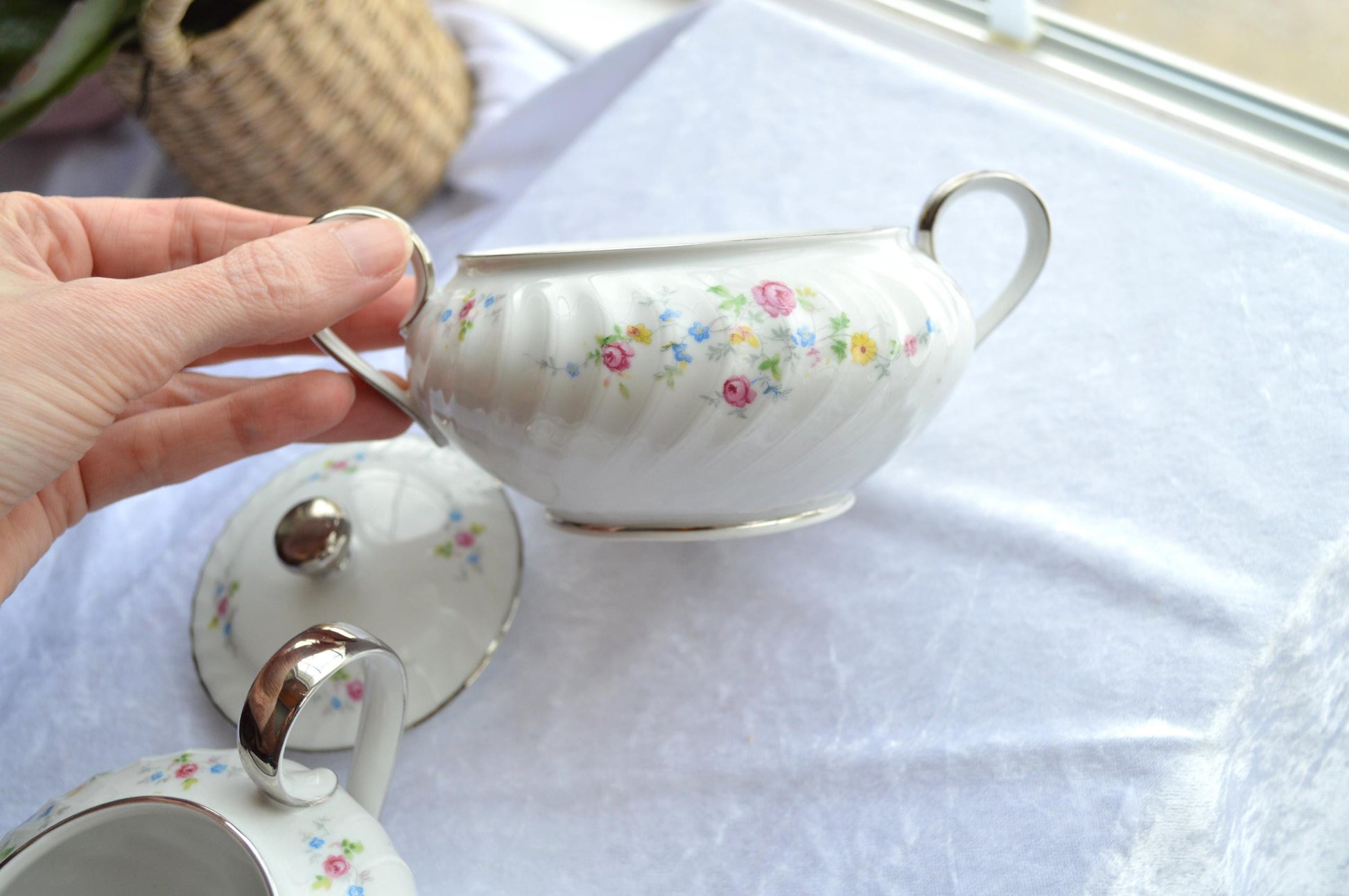 MCM Floral Embossed Swirl Creamer and Sugar Set