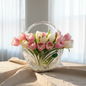 Vintage cut lead crystal basket filled with fresh pink and white tulips