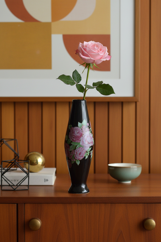 Vintage Mid-Century Japanese Hand-Painted Porcelain Bud Vase, Pink Roses on High-Gloss Black, Original Export Label, 1950s Giftware