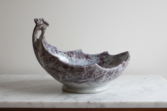 Vintage McCoy USA Centerpiece Cabbage Leaf Pottery Bowl with Stem Shape Handle