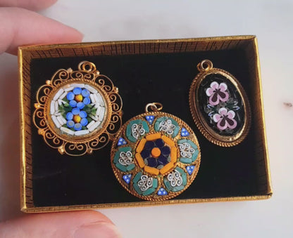 Vintage Italian Micro Mosaic Pendant - Pink Floral Bouquet on Black Glass - Gold Tone Rope Twist Frame - Handcrafted Italy Jewelry - Romantic Gift