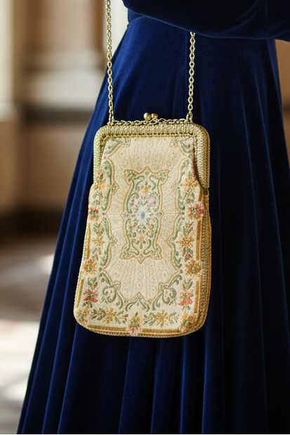 Antique Mister Simon Ernest Tapestry Evening Bag, Made in Italy, Gold Tone Frame & Chain