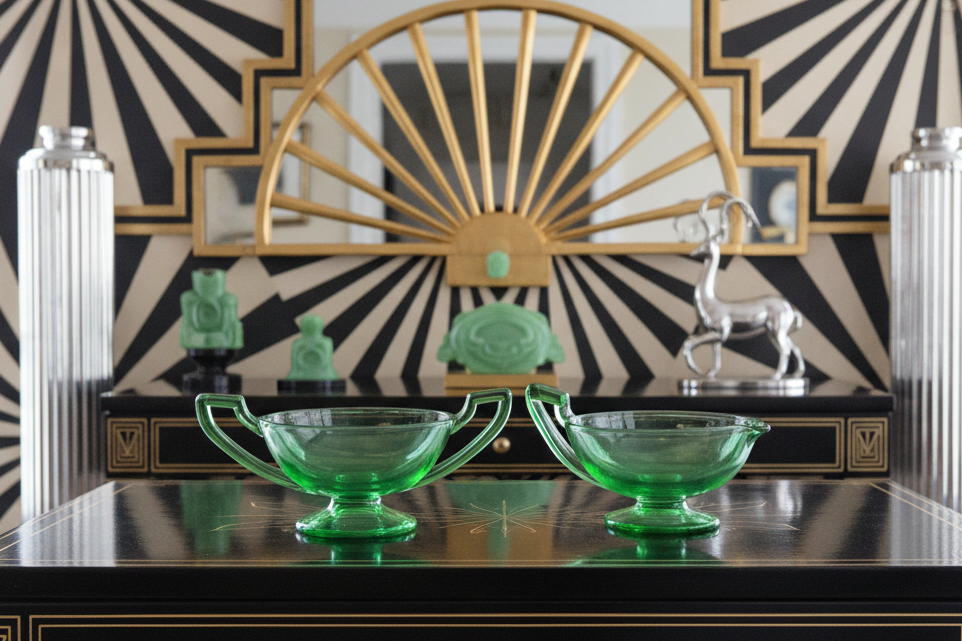 Vibrant Uranium Glass Sugar & Creamer Set - Glowing Green Depression Era Glass - Art Deco Handles