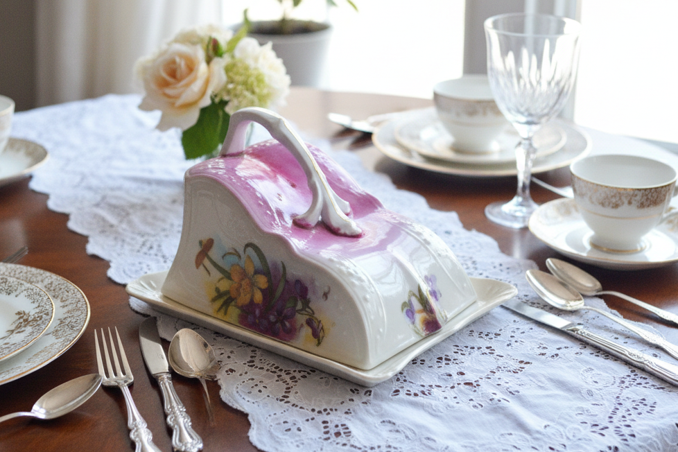 Antique Victorian Covered Cheese Dish Cloche, Handled Floral Design with Raised Pattern Detail