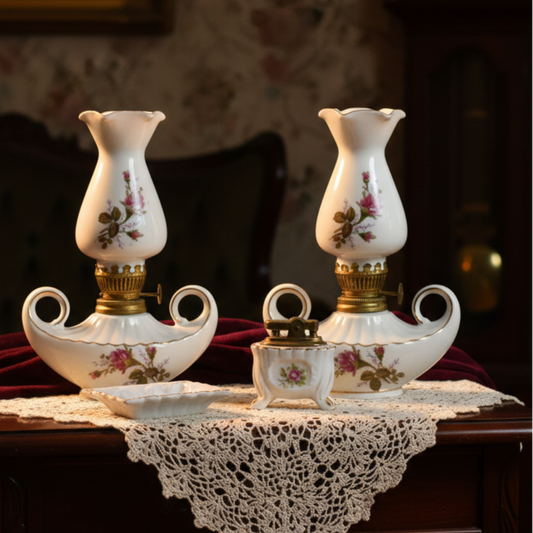 Vintage Moss Rose Japan Porcelain Set - 2 Oil Lamps, Table Lighter & Ashtray 4pc - Aladdin Style Finger Loop Kerosene Lamps - Cottagecore
