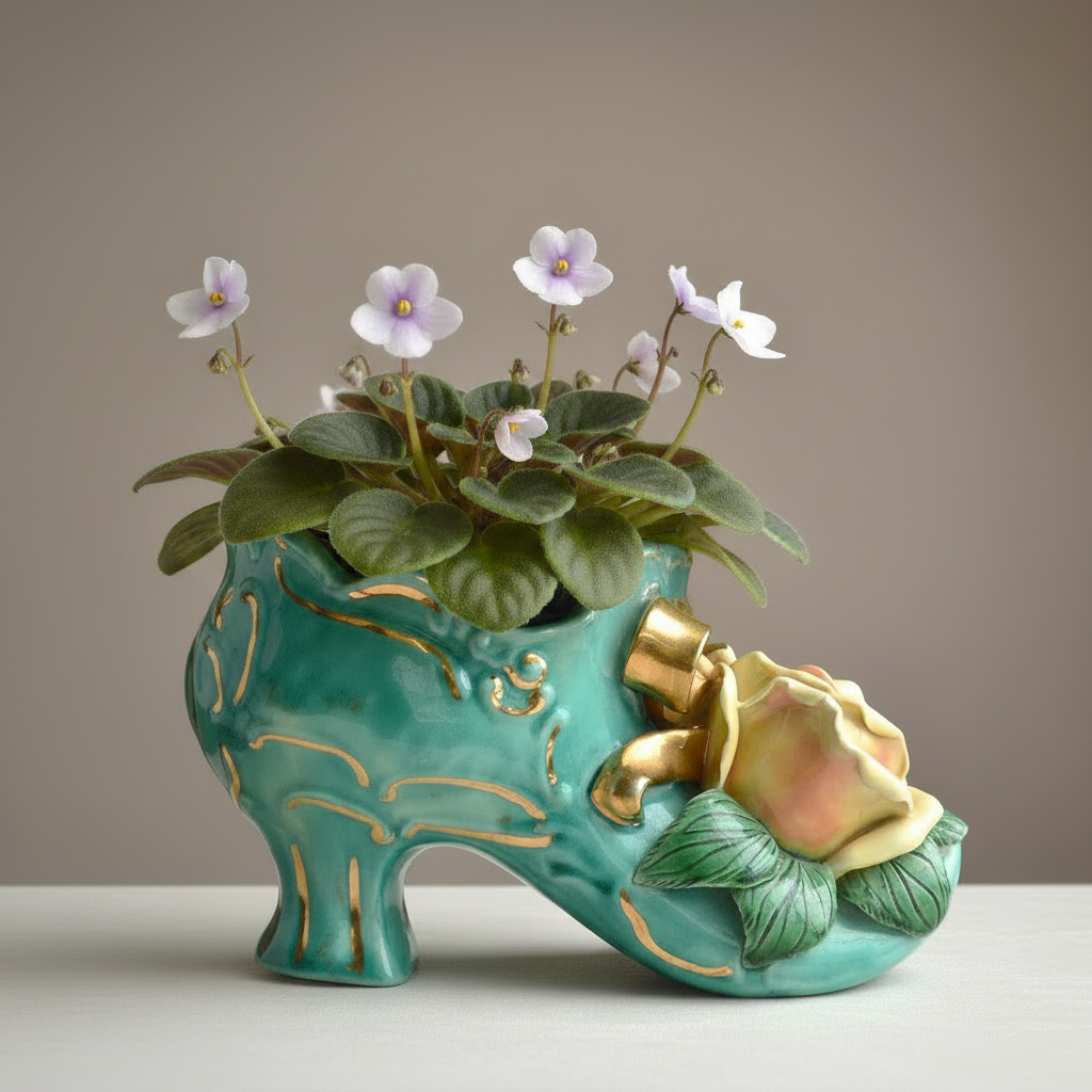 Vintage Signed Barbara McCorkle Ceramic Shoe Planter As-Is Turquoise Rose 7", Flawed