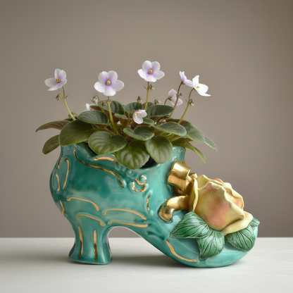 Vintage Signed Barbara McCorkle Ceramic Shoe Planter As-Is Turquoise Rose 7", Flawed