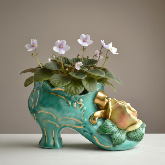 Vintage Signed Barbara McCorkle Ceramic Shoe Planter As-Is Turquoise Rose 7", Flawed