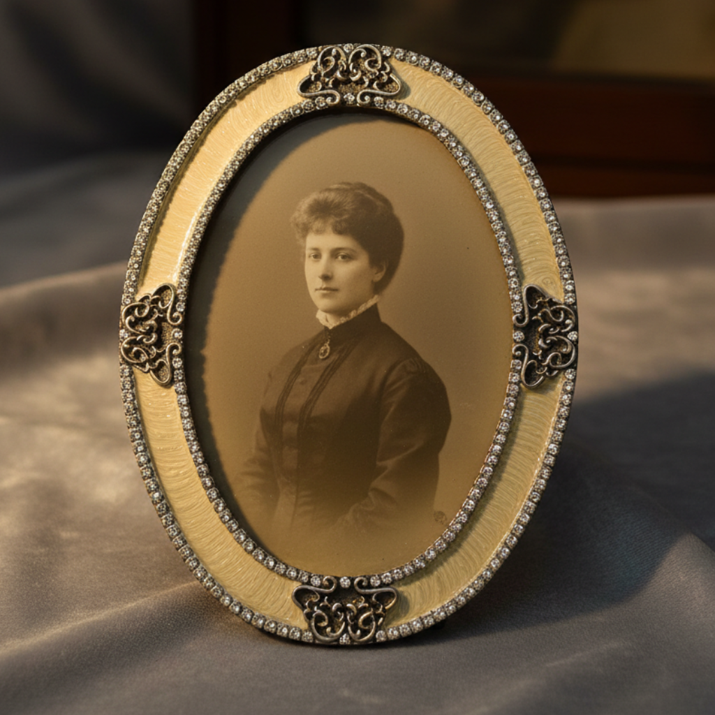 Victorian Style Vintage Silver & Cream Enamel Ornate Picture Frame with Rhinestone Accents.