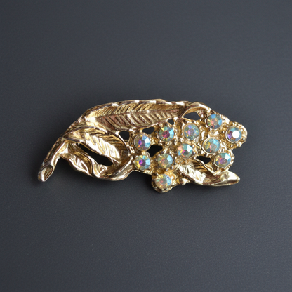 Vintage Mid-Century Floral Brooch Featuring Aurora Borealis Rhinestones