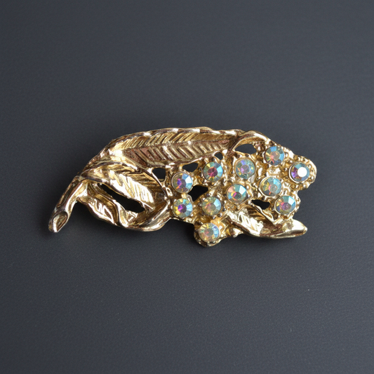 Vintage Mid-Century Floral Brooch Featuring Aurora Borealis Rhinestones