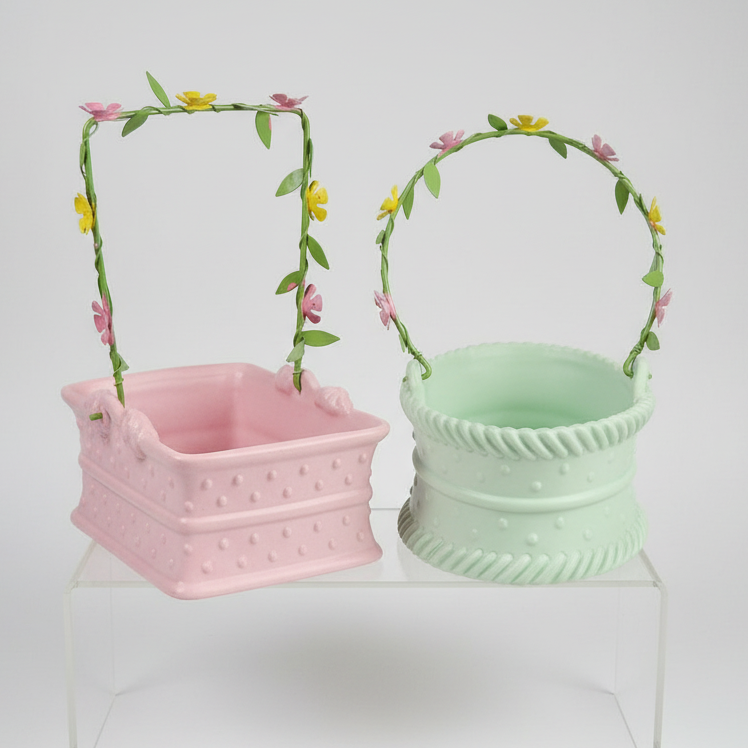 Vintage 1980's Department 56 Pink and Green Ceramic Baskets with Floral Metal Handle