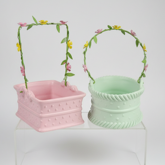 Vintage 1980's Department 56 Pink and Green Ceramic Baskets with Floral Metal Handle