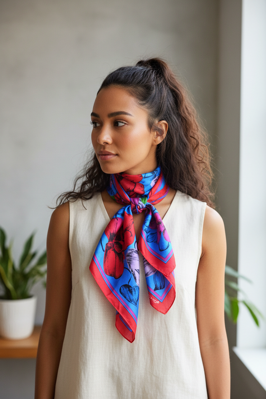 Vintage Echo Silk Scarf, Bold Floral Print in Blue, Fuchsia, and Red, Designer Square Silk Foulard with Hand-Rolled Edges