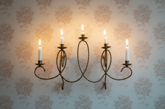 Vintage Gold Tone Wall Candelabra, 5 Candle Sconce, 21.5” Wide, Twisted Metal Loop Design, Hollywood Regency Style Candle Holder, Wall Mounted Decor