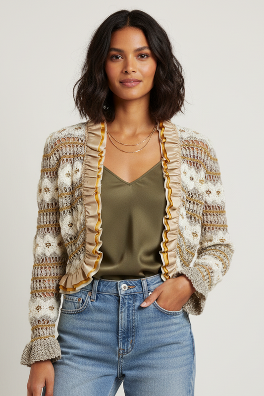 Vintage Pat Richards Crochet Knit Cropped Jacket, 80s Ribbon Ruffle Cardigan, Metallic Gold, Size Small Weave Boho Shrug