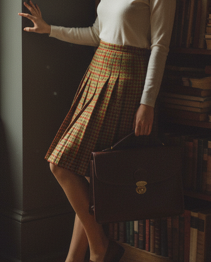 Vintage James Kenrob by Dalton Plaid Skirt | 1970s Knife Pleat Knee Length | Dark Academia Autumnal Check | Adjustable 26" Waist Small