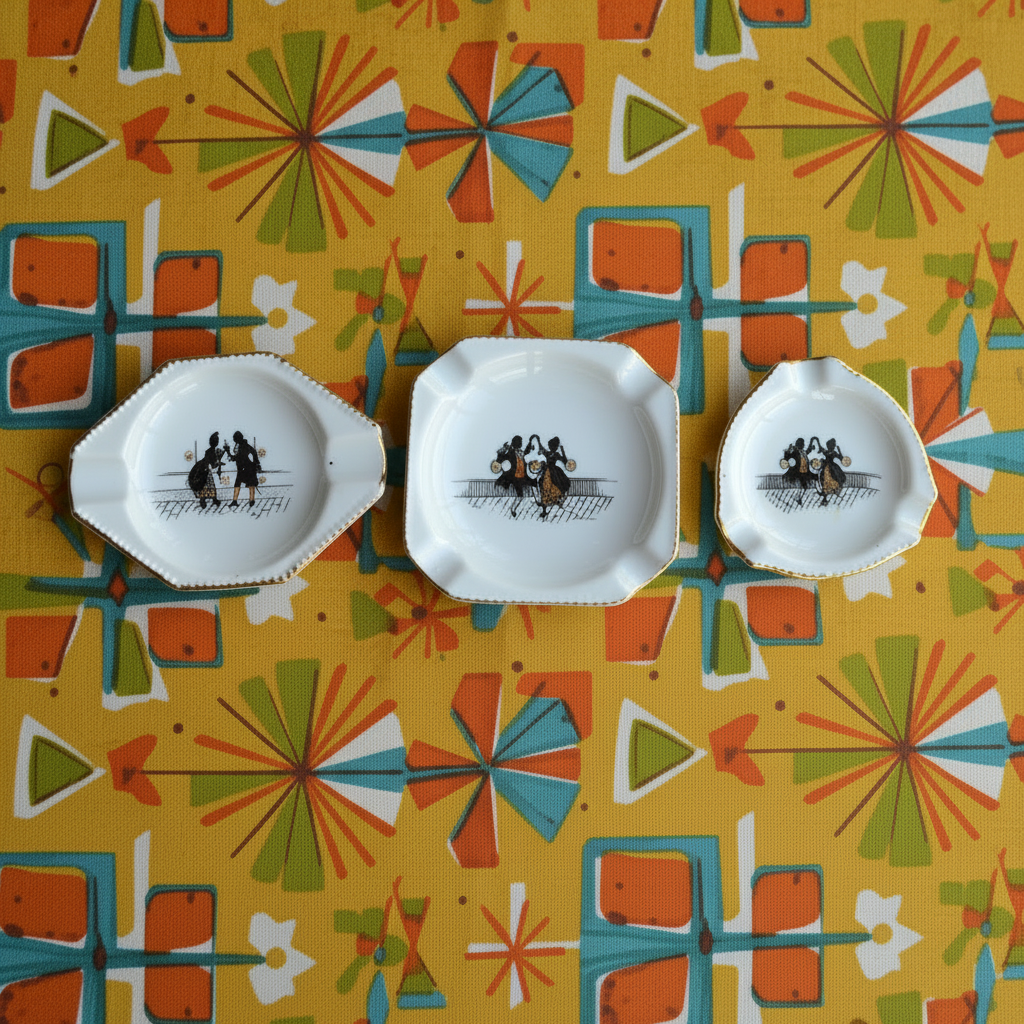 Vintage Schumann Bavaria Porcelain Miniature Ashtray Set, 3 Piece Geometric Silhouette Trio, Dancing Couple Design with Gold Trim, Mid Century German Trinket Dishes