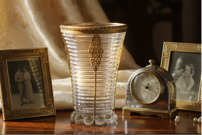 Vintage Anchor Hocking Manhattan Ribbed Glass Vase with Gold Filigree Accents - Art Deco Style