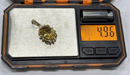 Large Vintage 14K Gold Citrine & Diamond Pendant - Oval Pendant Floral Halo - Mid-Century Statement Estate Jewelry